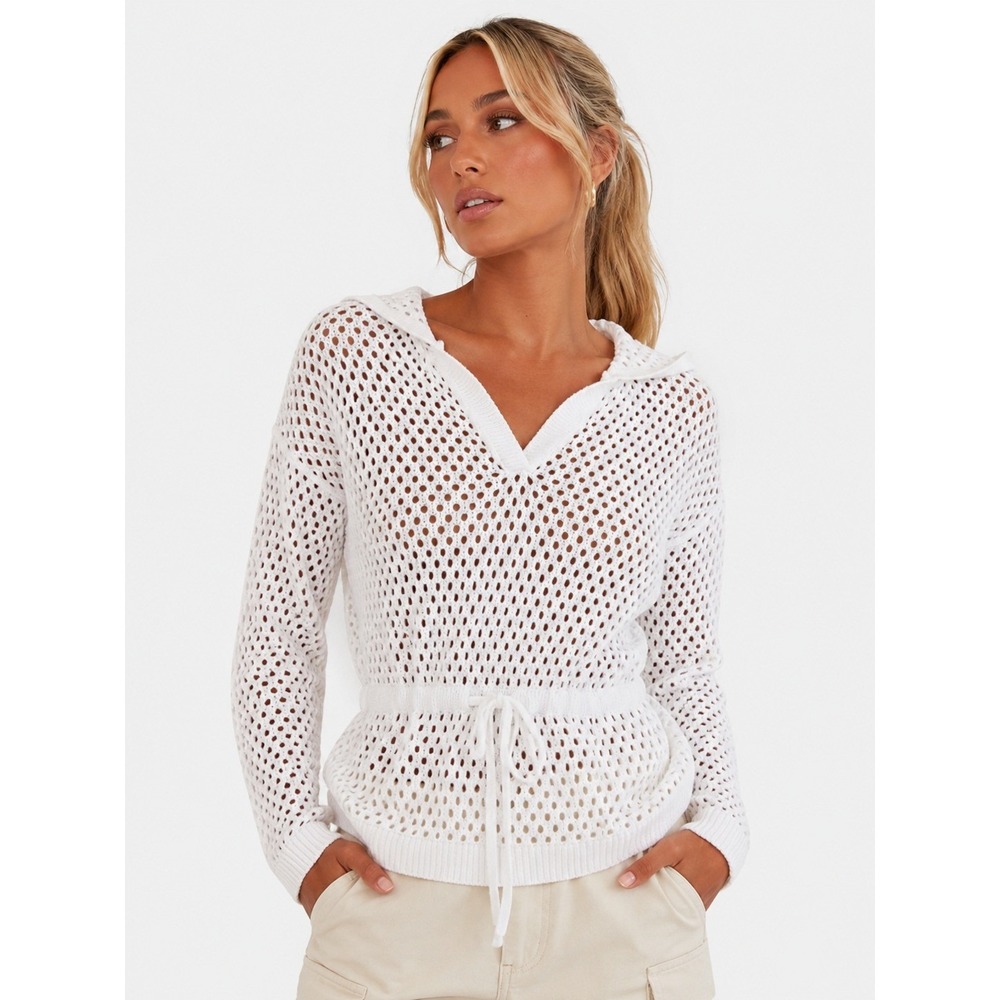 Haven Well Within Talbots Organic Cotton Linen Open Stitch Hoodie White XS